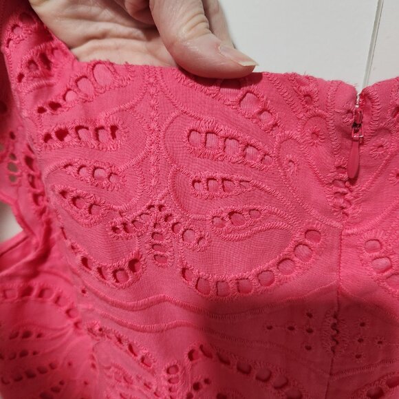 Talbots Cap Sleeves Colorful Bright Pink Cotton Eyelet Feminine Dress Size 10 - Picture 8 of 9